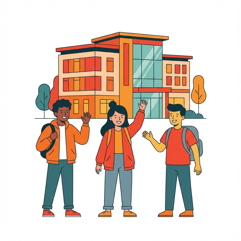 Illustration of students near hostel